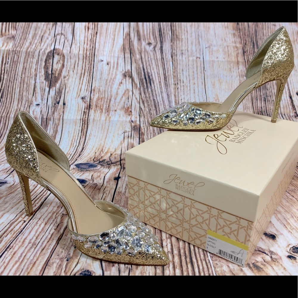 Bradley Mischka gold jeweled high heeled shoes